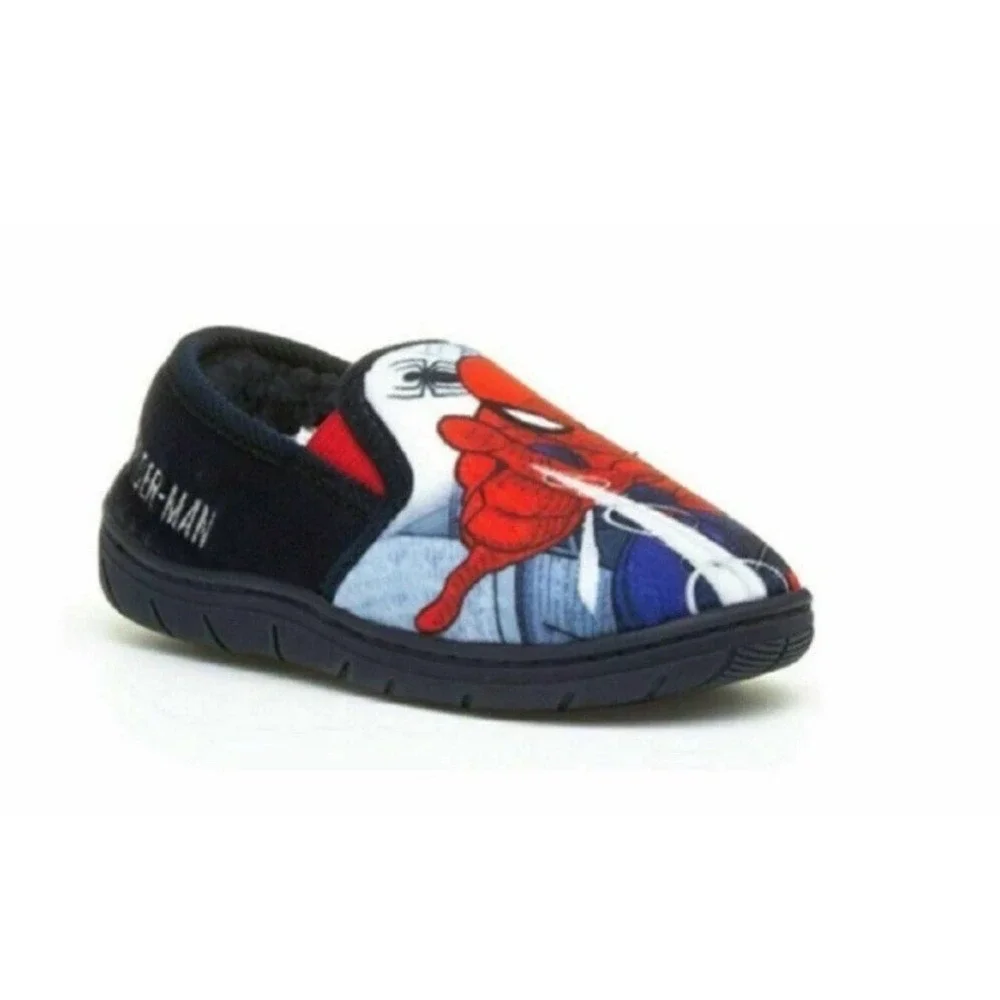 Boys Spiderman Slippers Marvel‎ Slip On Kids Size 8 Fleece Insole Navy Spidey